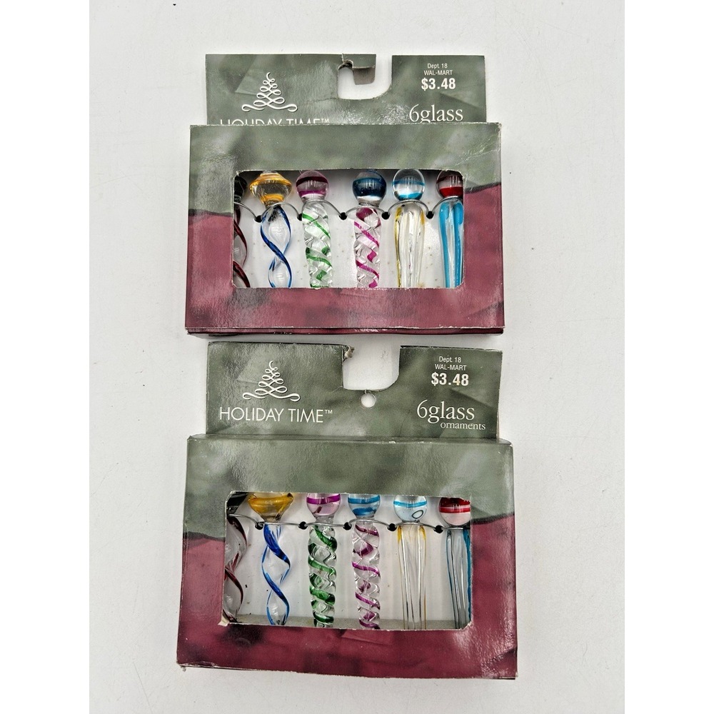 Holiday Time 6 Mini Glass Icicle Ornaments 2.5" Multicolor Christmas Lot Of 2